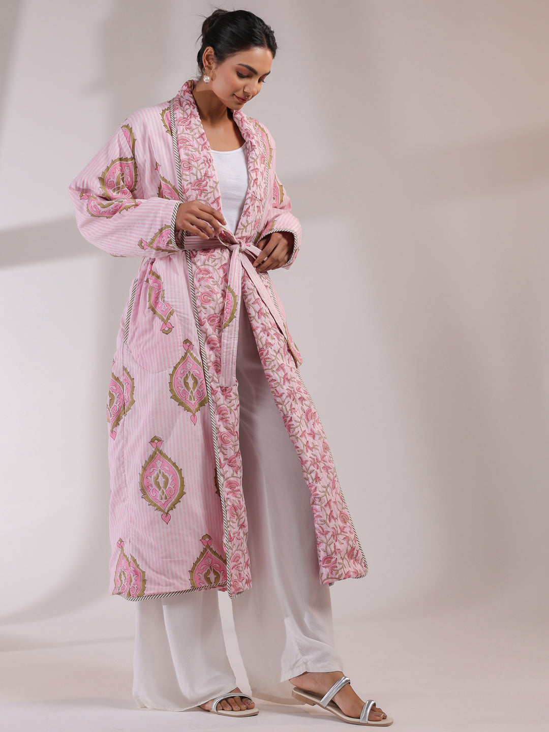 Pink Floral and Stripes Printed Reversible Quilted Robe