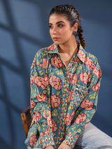Teal Handblock Printed Lose Fit Cotton Shirt