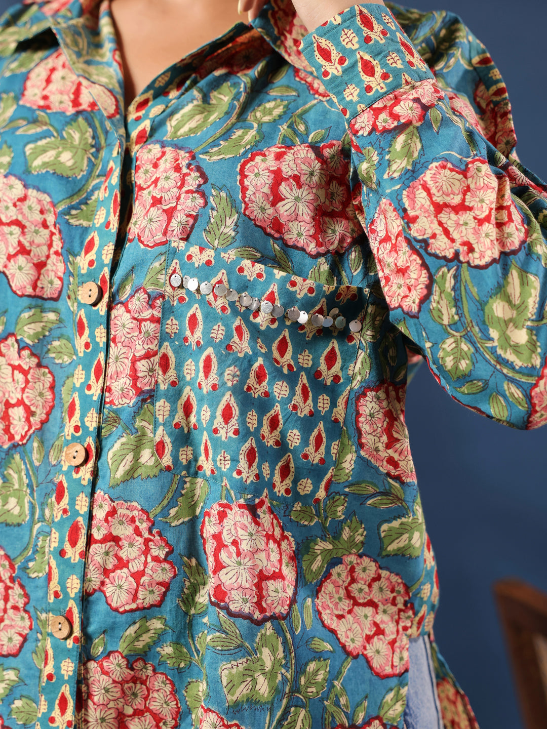 Teal Handblock Printed Lose Fit Cotton Shirt