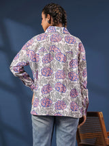 White & Purple Handblock Printed Lose Fit Cotton Shirt