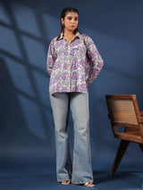 White & Purple Handblock Printed Lose Fit Cotton Shirt
