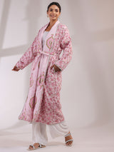 Pink Floral and Stripes Printed Reversible Quilted Robe