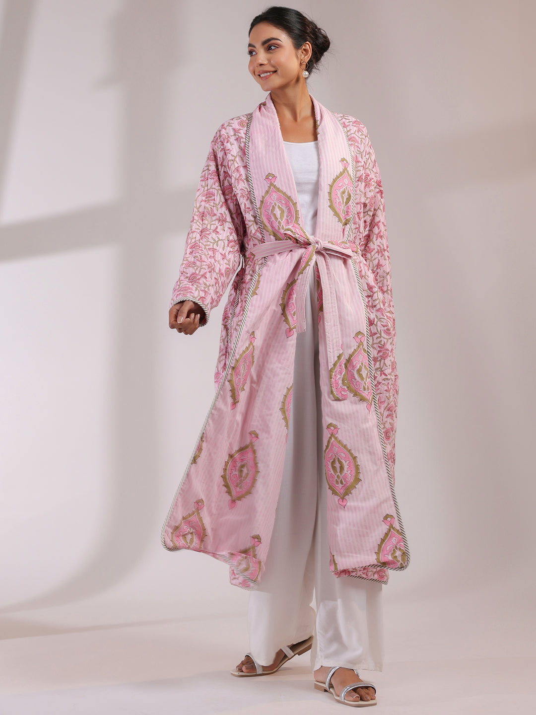 Pink Floral and Stripes Printed Reversible Quilted Robe
