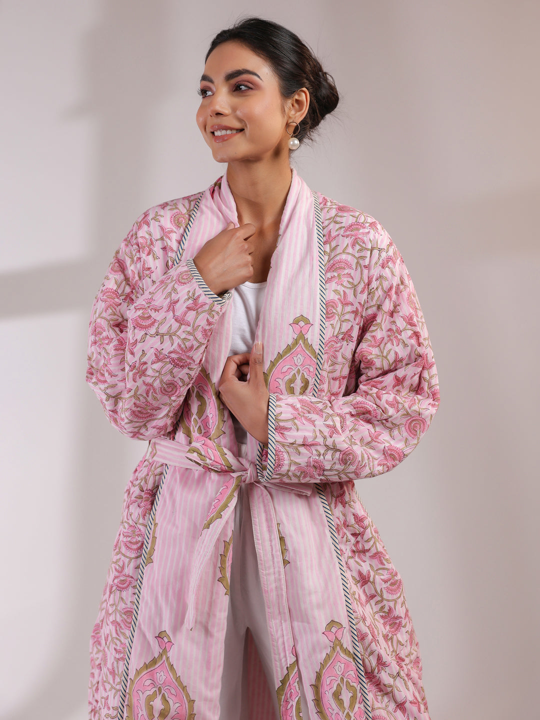 Pink Floral and Stripes Printed Reversible Quilted Robe