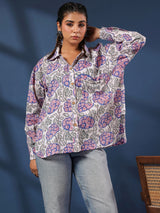 White & Purple Handblock Printed Lose Fit Cotton Shirt