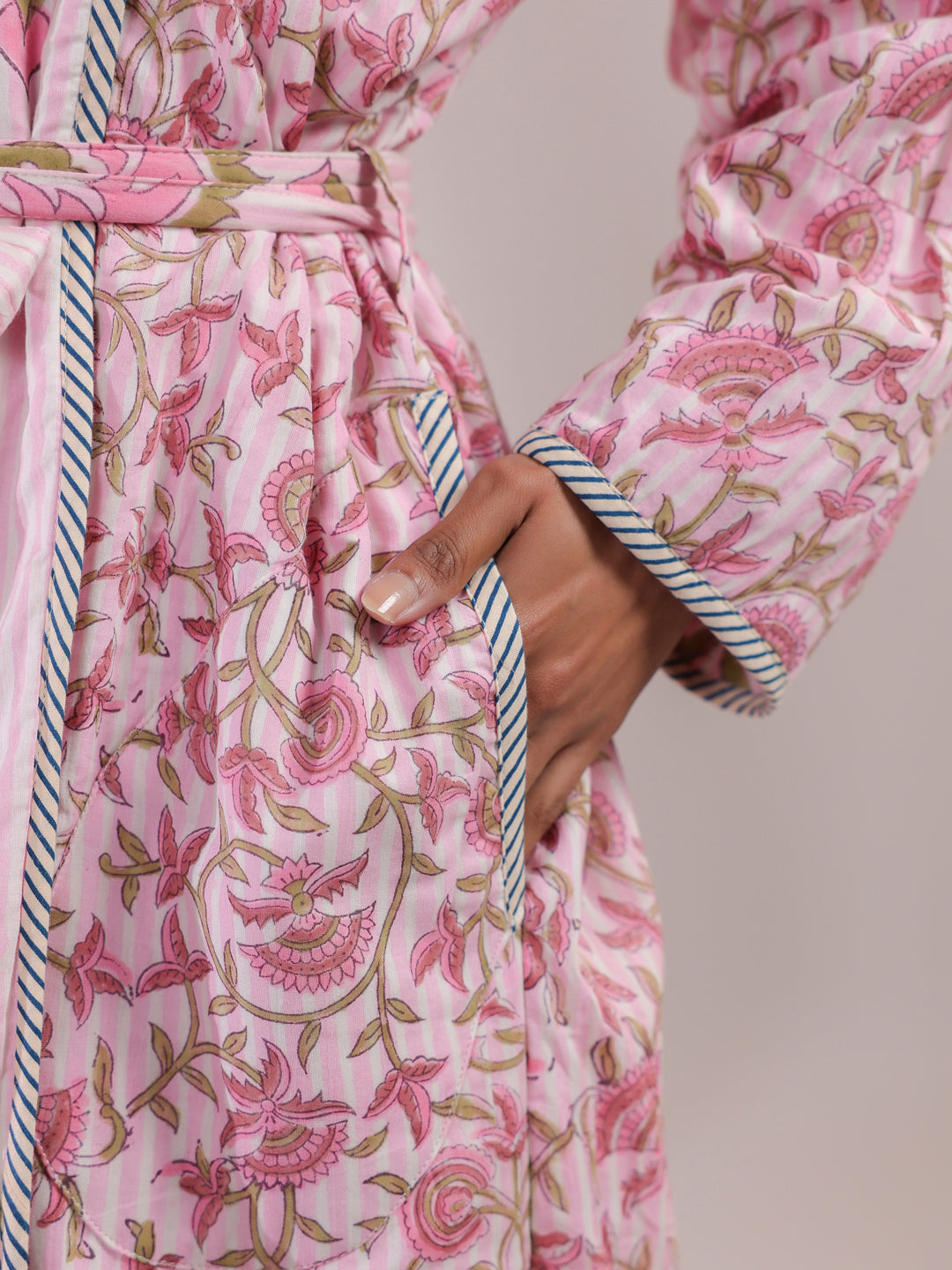 Pink Floral and Stripes Printed Reversible Quilted Robe