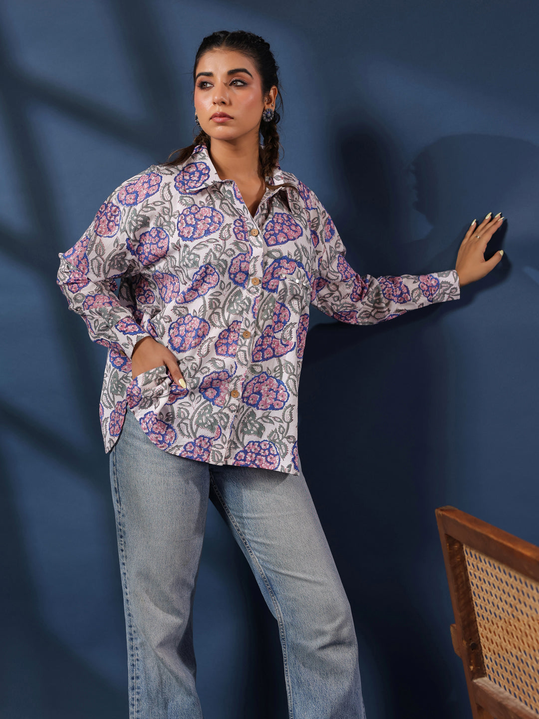 White & Purple Handblock Printed Lose Fit Cotton Shirt