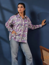 White & Purple Handblock Printed Lose Fit Cotton Shirt