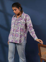 White & Purple Handblock Printed Lose Fit Cotton Shirt