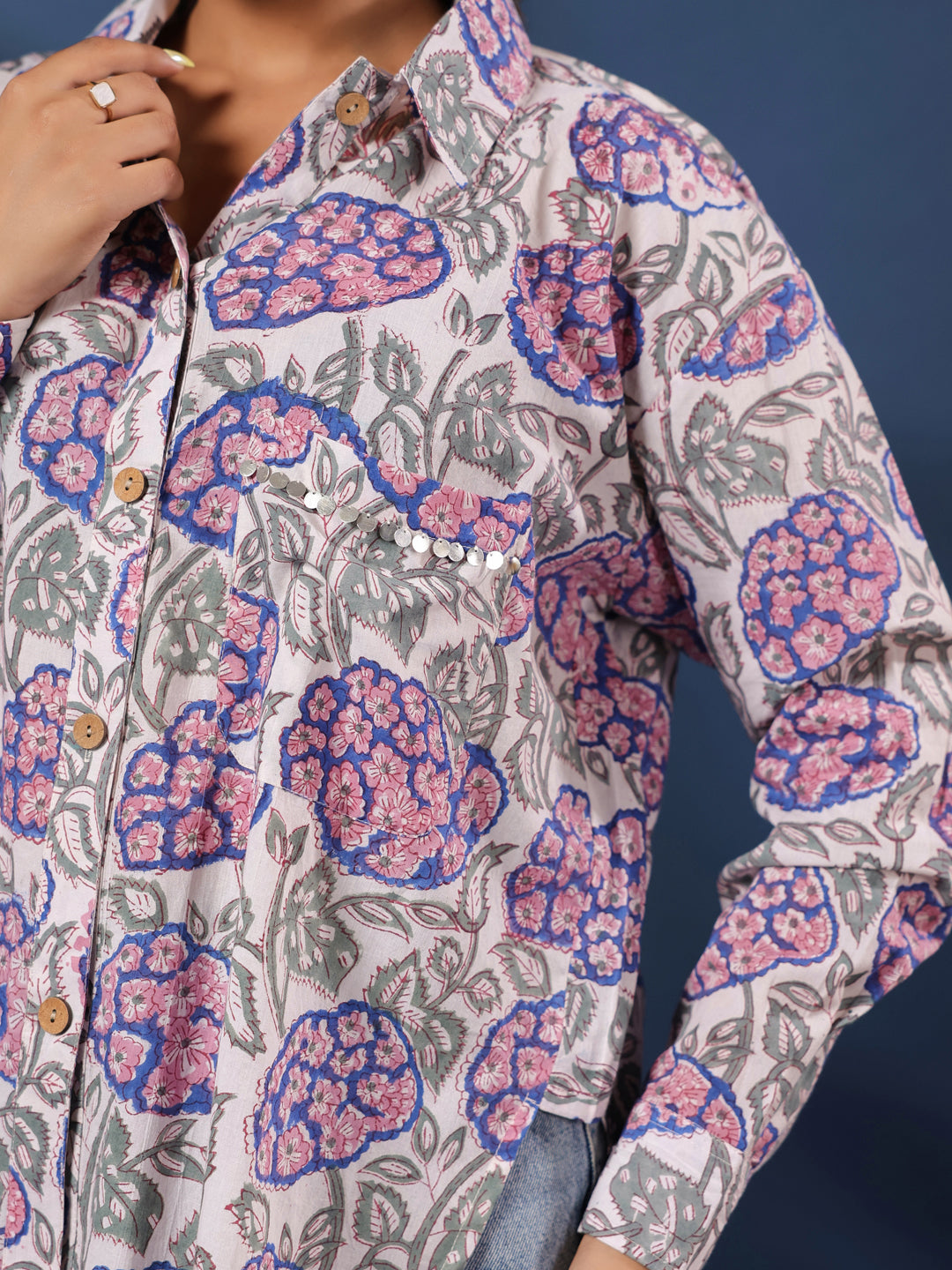 White & Purple Handblock Printed Lose Fit Cotton Shirt