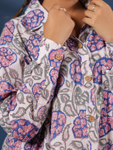 White & Purple Handblock Printed Lose Fit Cotton Shirt