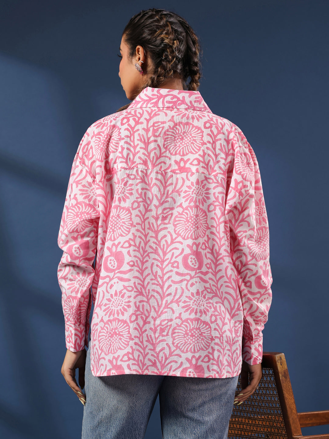 Pink Handblock Printed Lose Fit Cotton Shirt