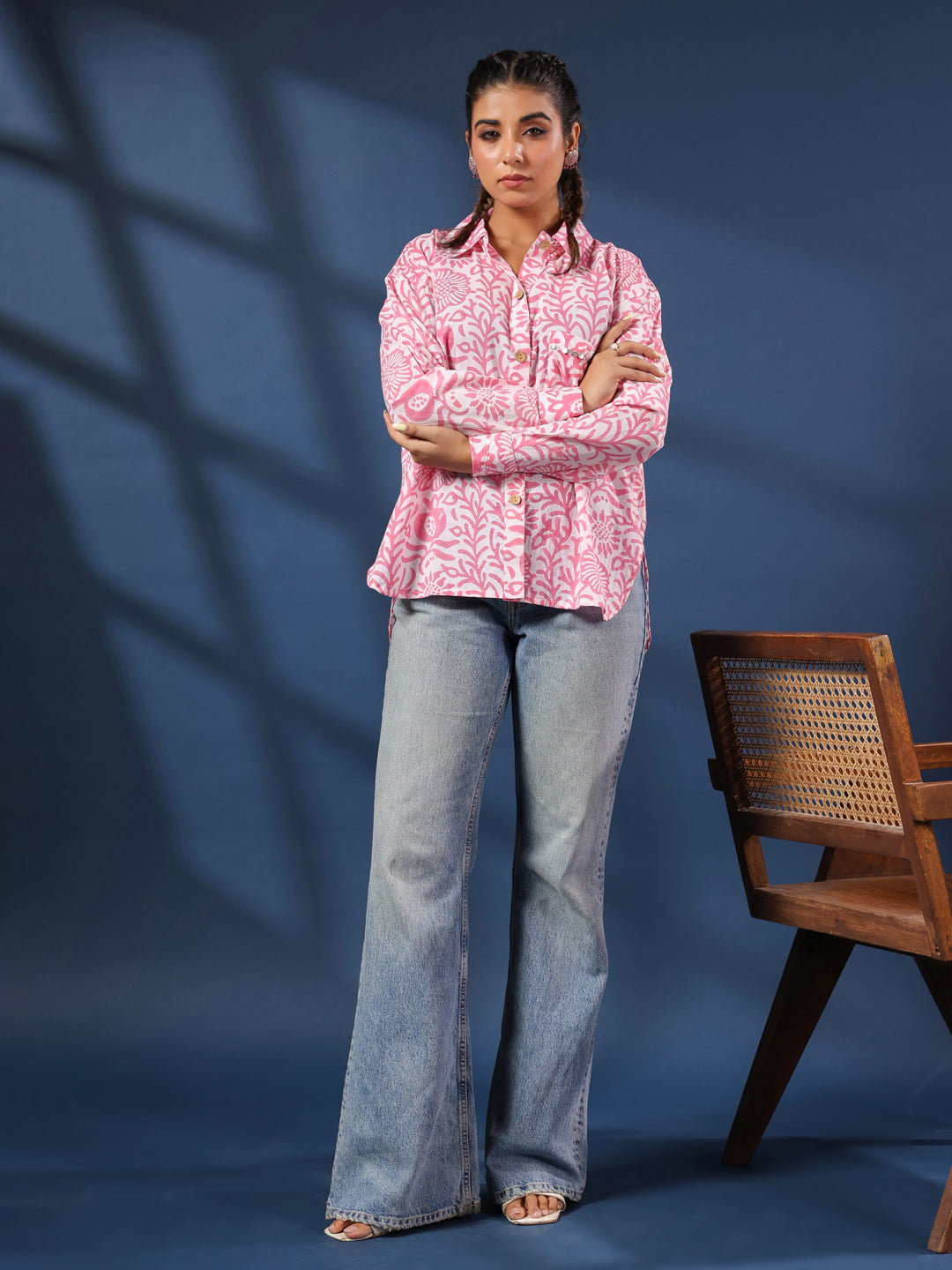 Pink Handblock Printed Lose Fit Cotton Shirt