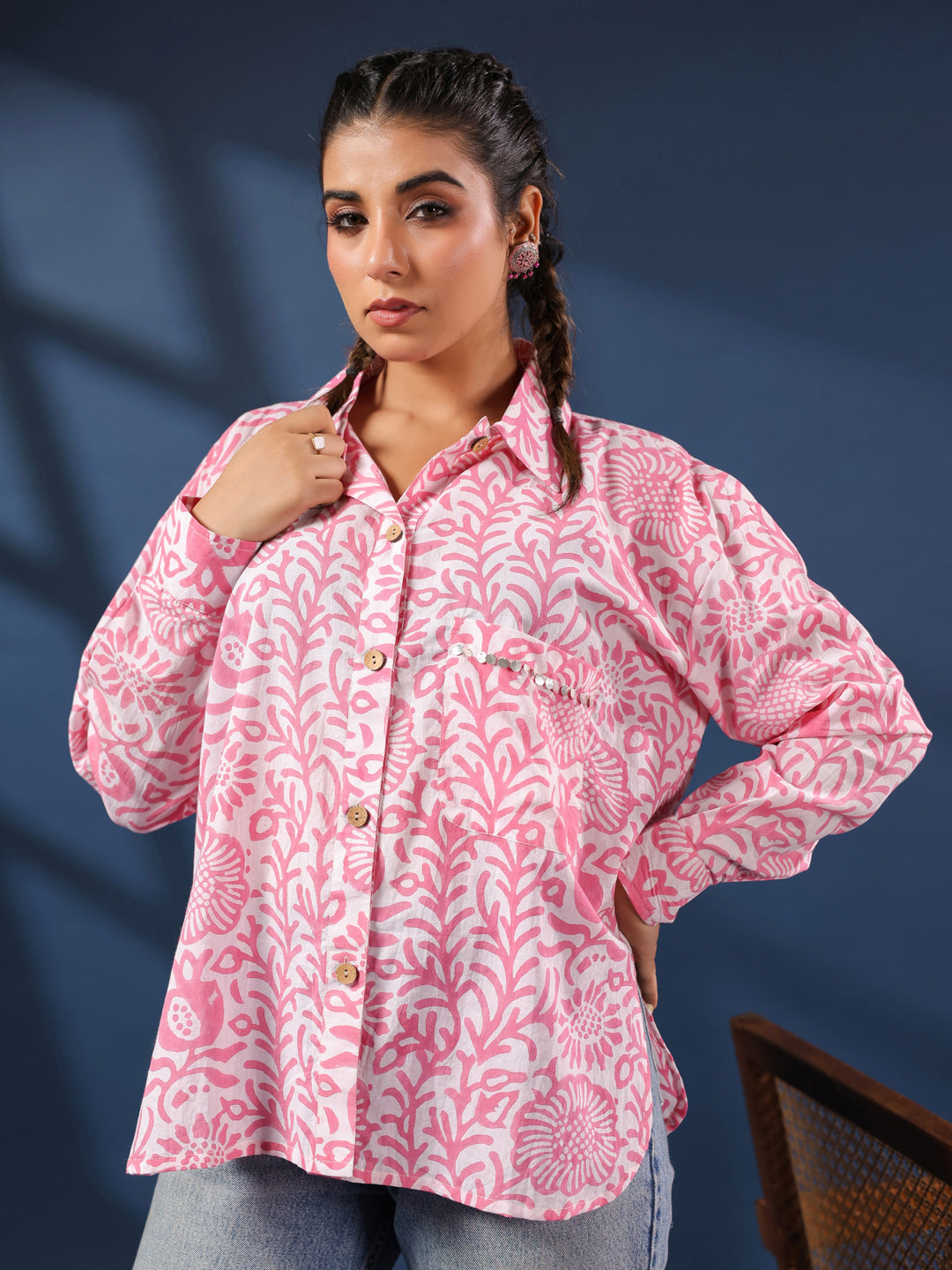 Pink Handblock Printed Lose Fit Cotton Shirt
