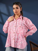 Pink Handblock Printed Lose Fit Cotton Shirt