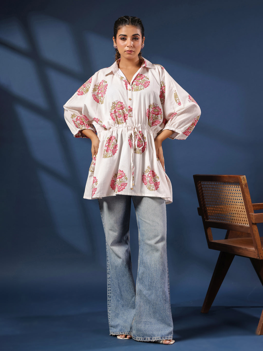 White Handblock Printed Shirt Style Kaftan Top