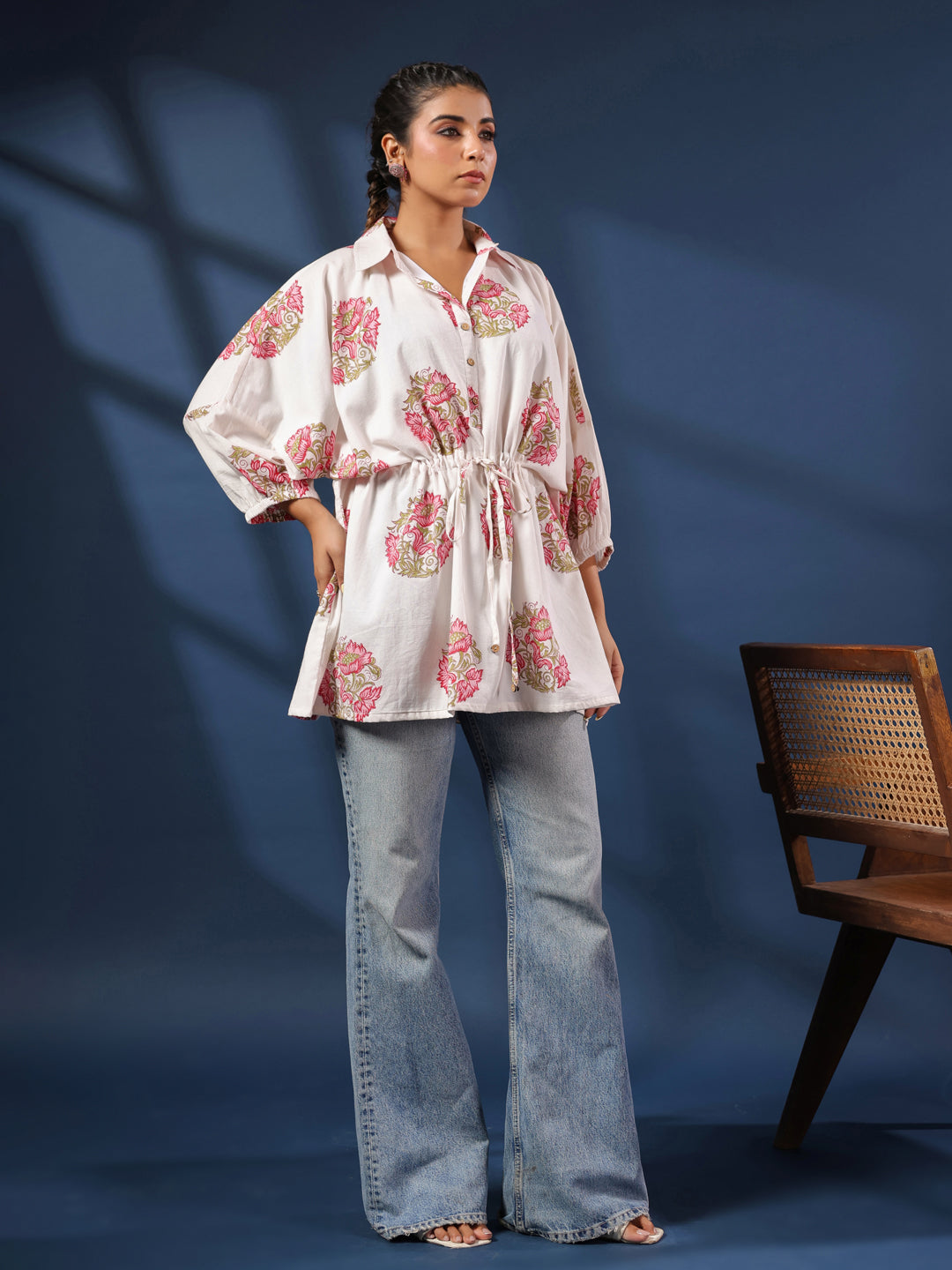 White Handblock Printed Shirt Style Kaftan Top