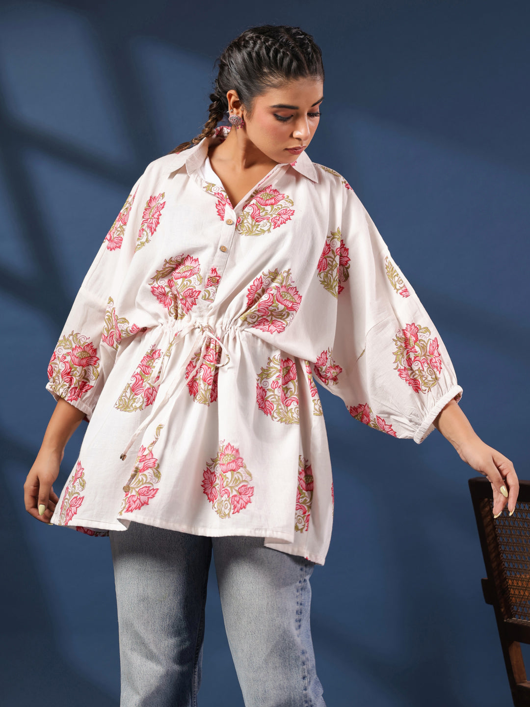 White Handblock Printed Shirt Style Kaftan Top