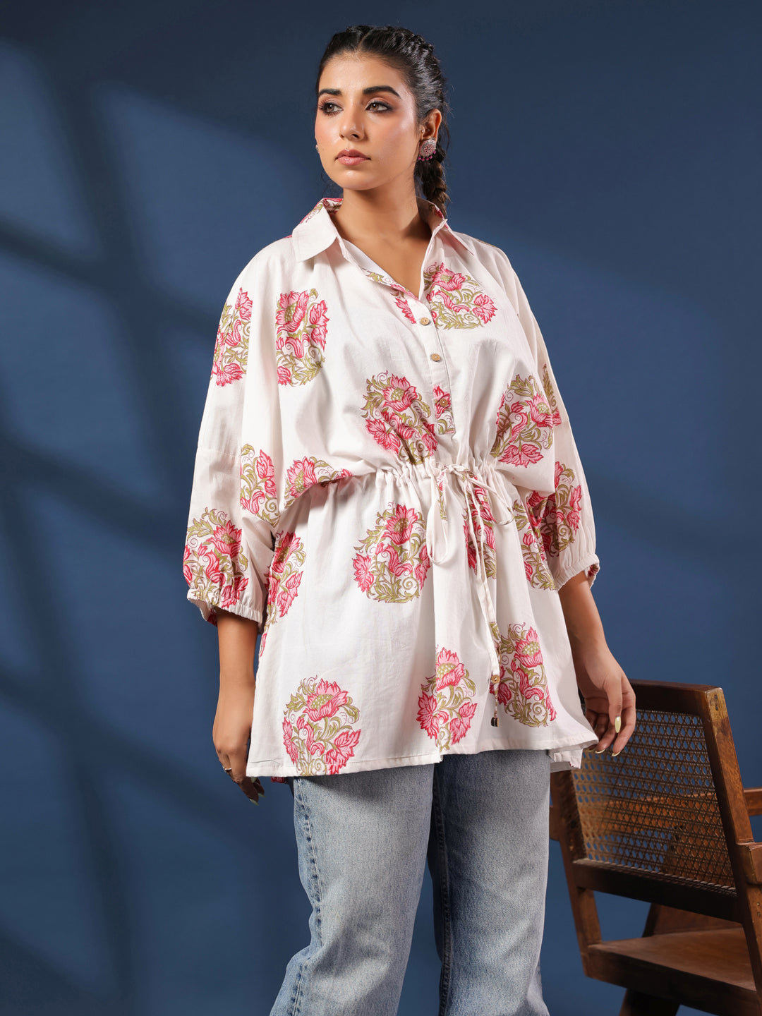 White Handblock Printed Shirt Style Kaftan Top