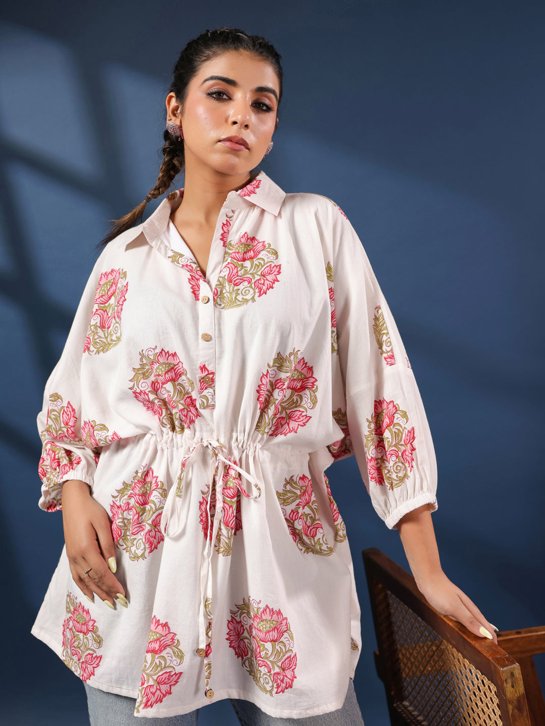 White Handblock Printed Shirt Style Kaftan Top