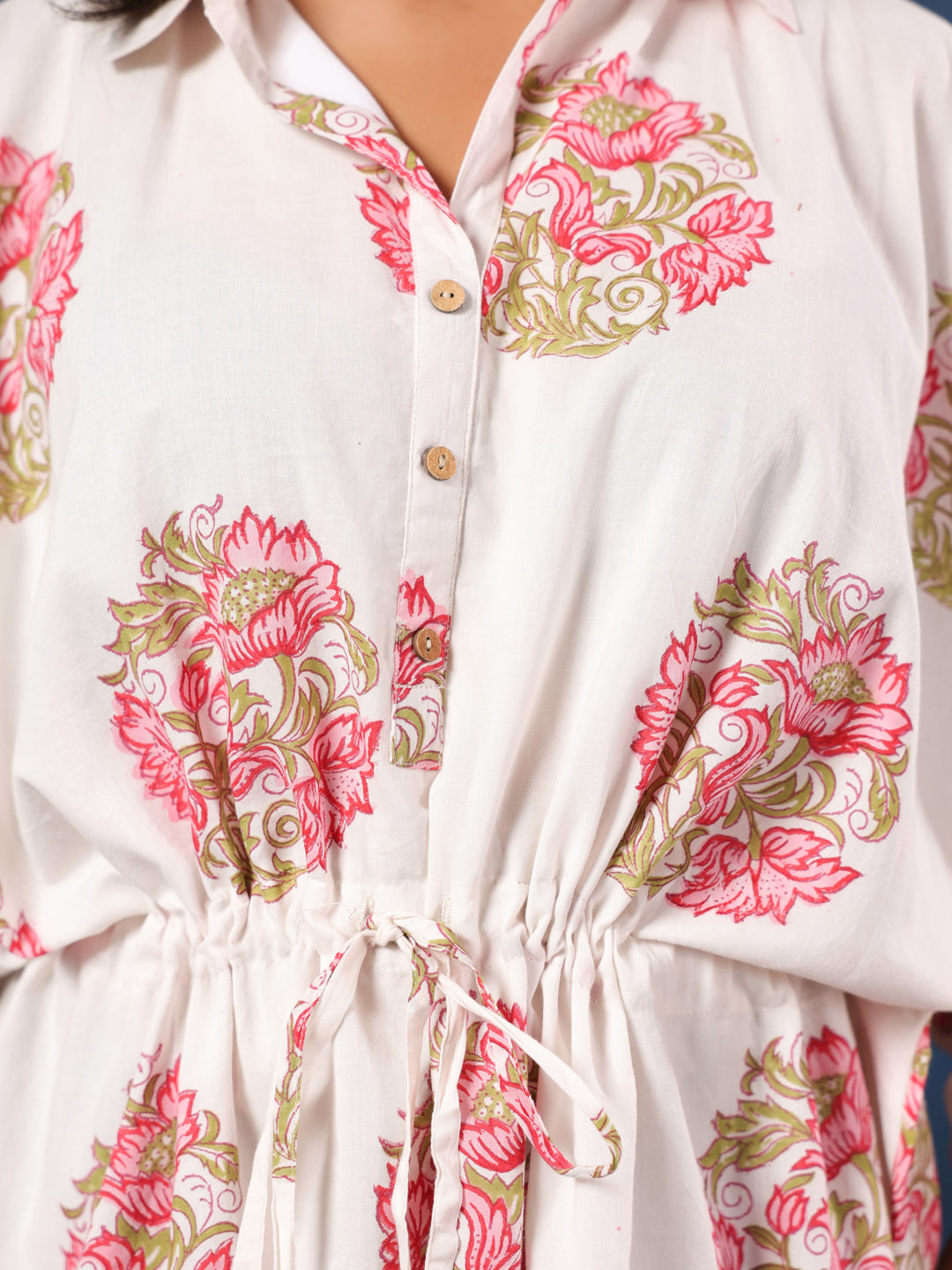 White Handblock Printed Shirt Style Kaftan Top