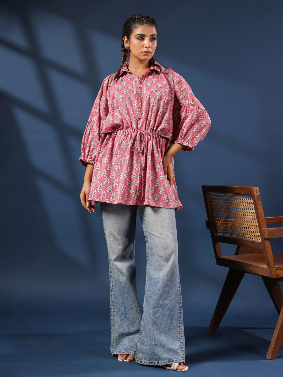 Pink Booti Handblock Printed Shirt Style Kaftan Top