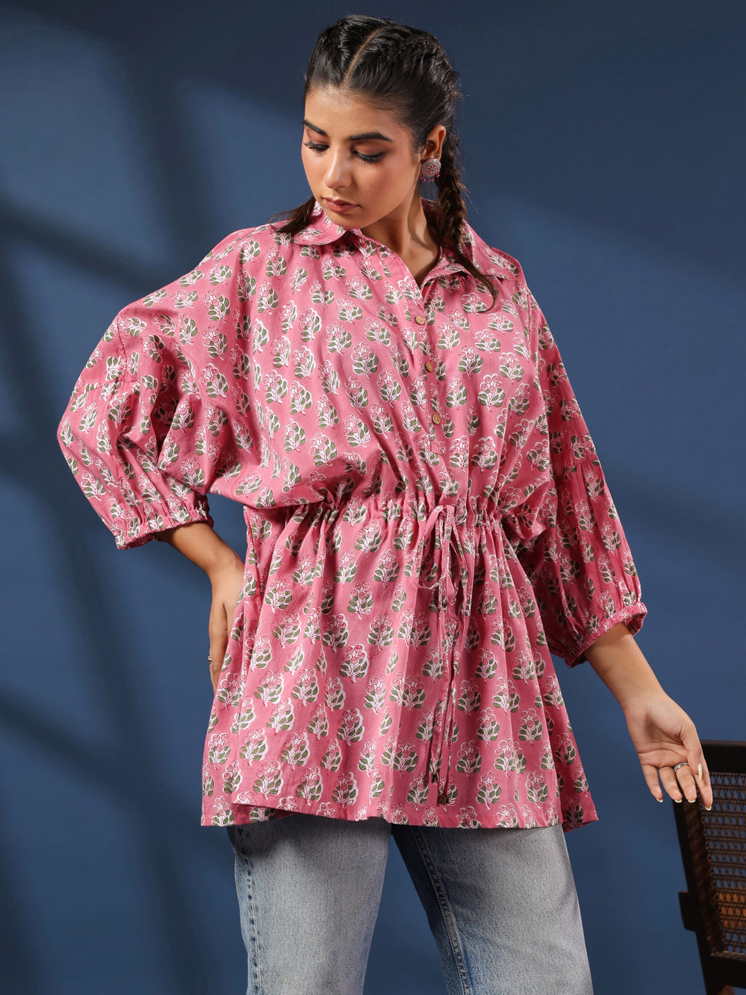 Pink Booti Handblock Printed Shirt Style Kaftan Top