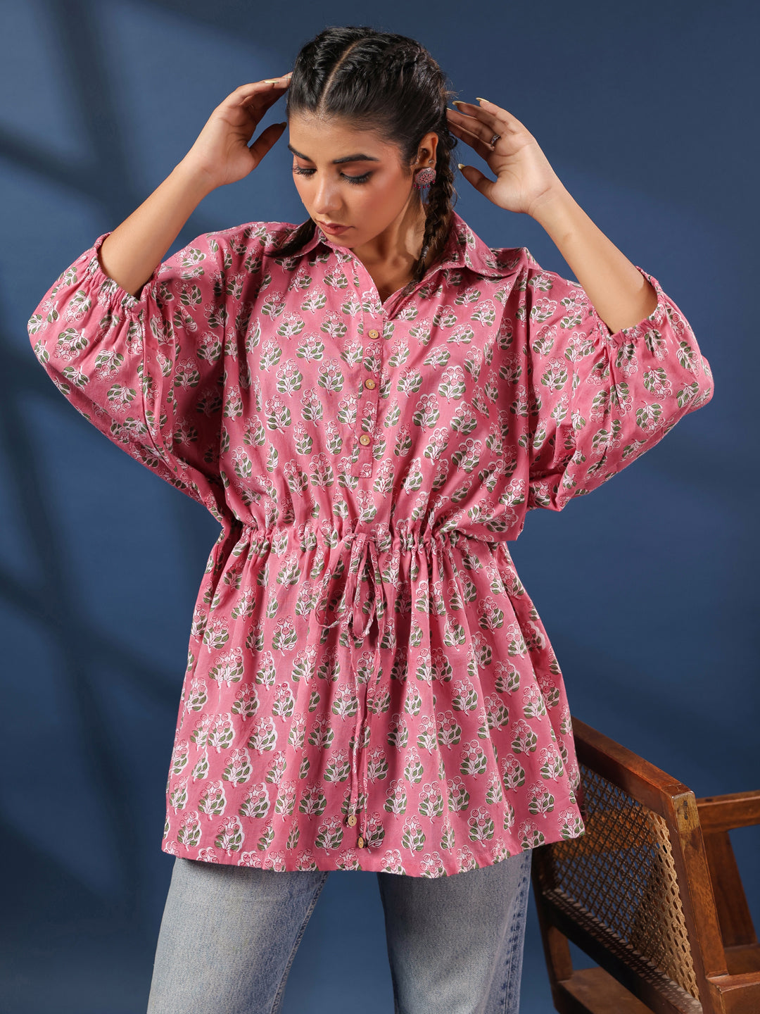 Pink Booti Handblock Printed Shirt Style Kaftan Top