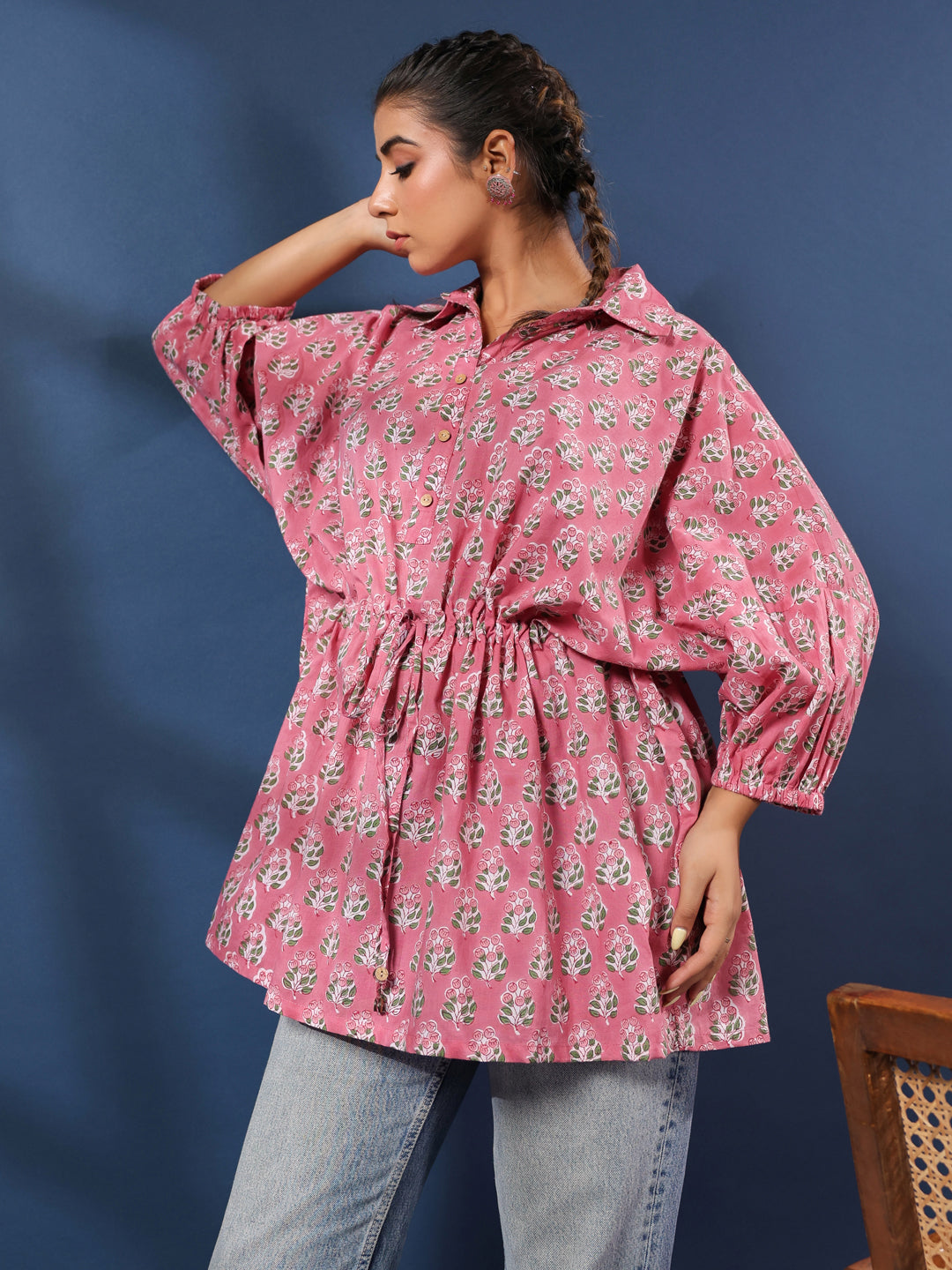 Pink Booti Handblock Printed Shirt Style Kaftan Top