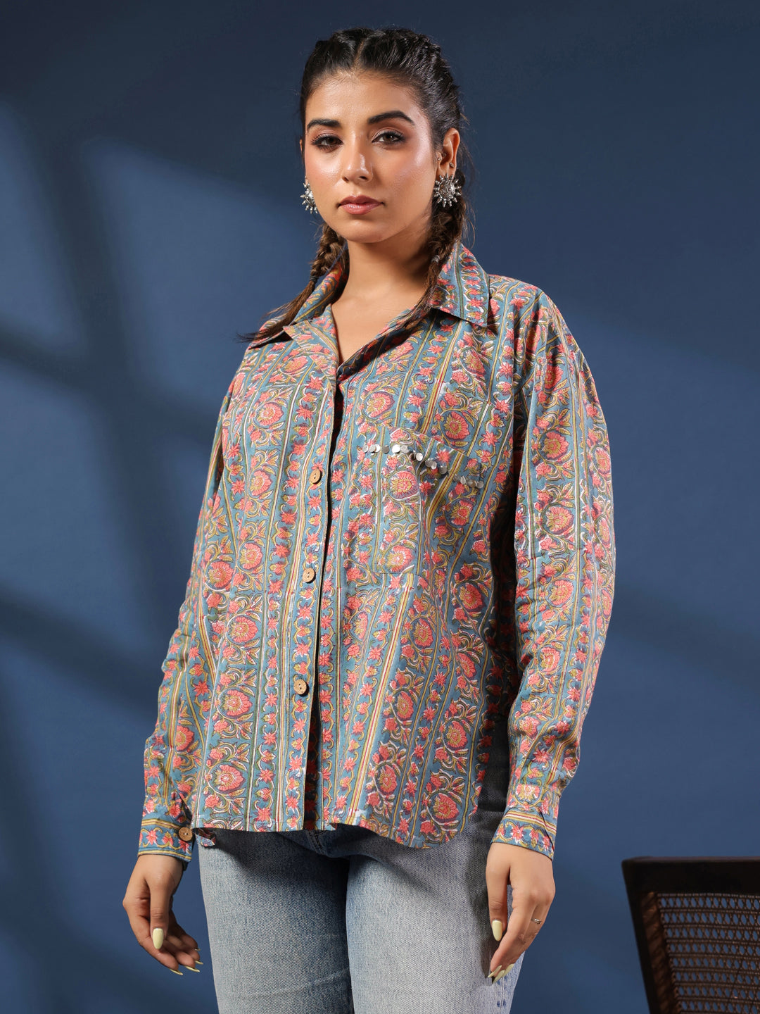 Teal & Coral Handblock Printed Lose Fit Cotton Shirt