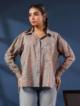Teal & Coral Handblock Printed Lose Fit Cotton Shirt