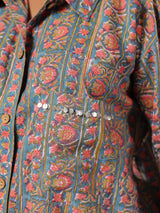 Teal & Coral Handblock Printed Lose Fit Cotton Shirt