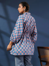 Teal Handblock Printed Shirt Style Kaftan Top