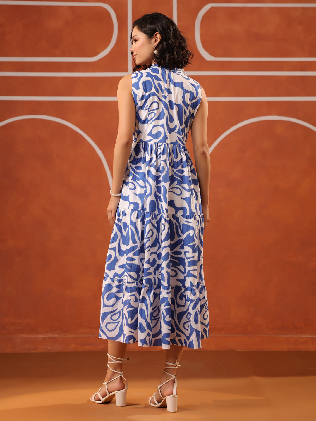 Sleeveless Blue & White Printed  Cotton Dress