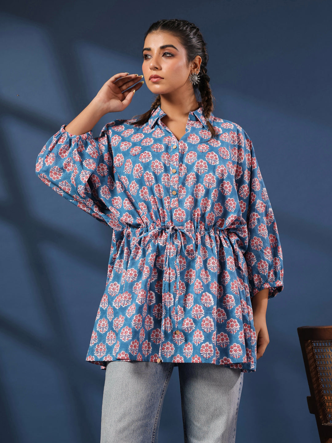 Teal Handblock Printed Shirt Style Kaftan Top