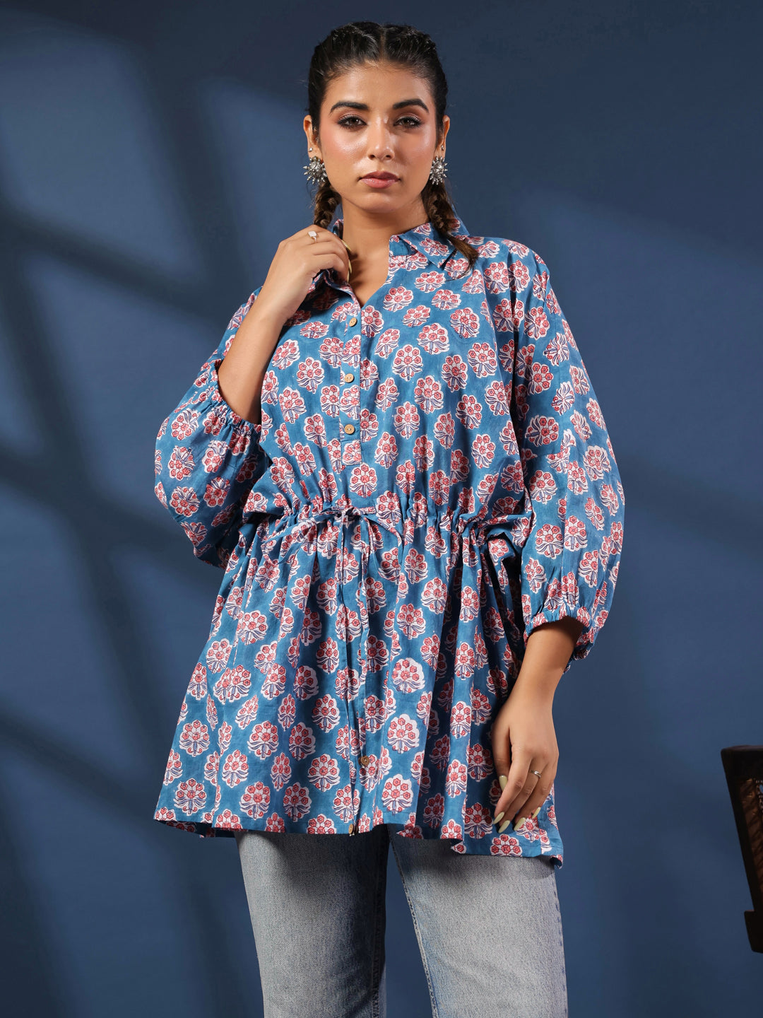 Teal Handblock Printed Shirt Style Kaftan Top