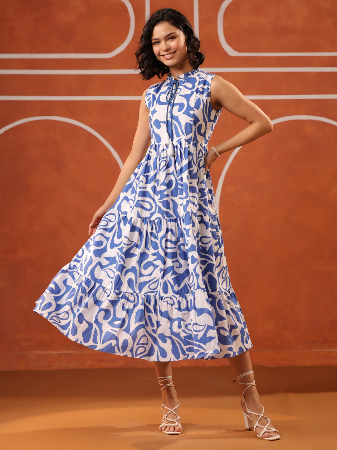 Sleeveless Blue & White Printed  Cotton Dress