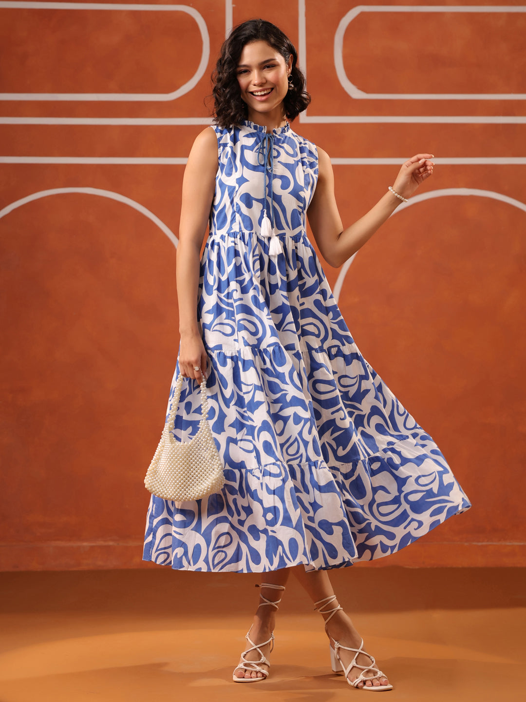 Sleeveless Blue & White Printed  Cotton Dress