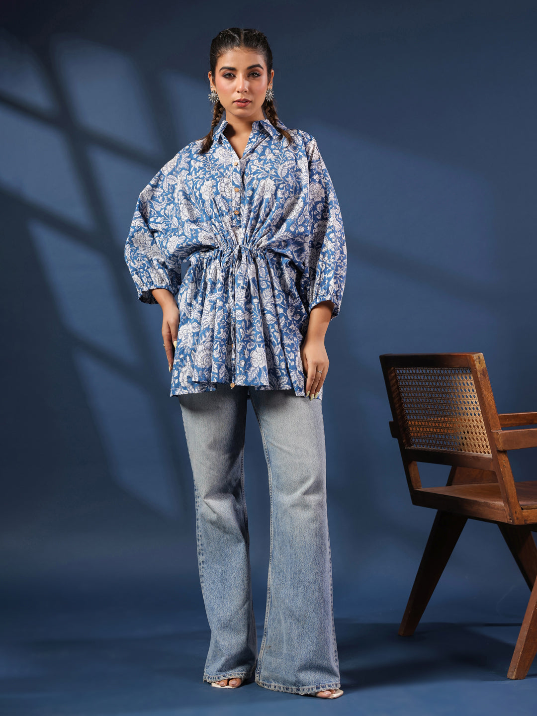 Blue Floral Handblock Printed Shirt Style Kaftan Top