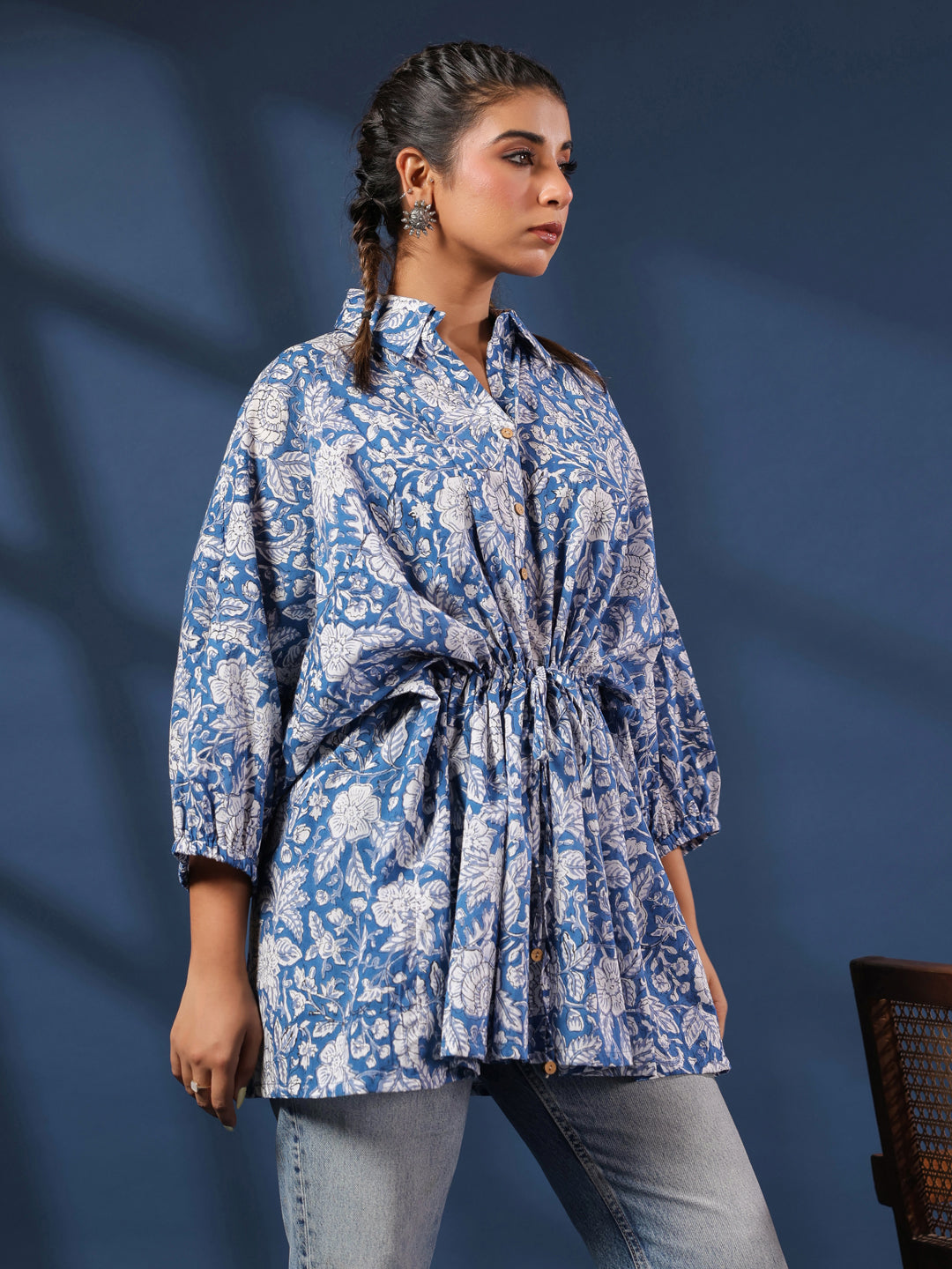 Blue Floral Handblock Printed Shirt Style Kaftan Top