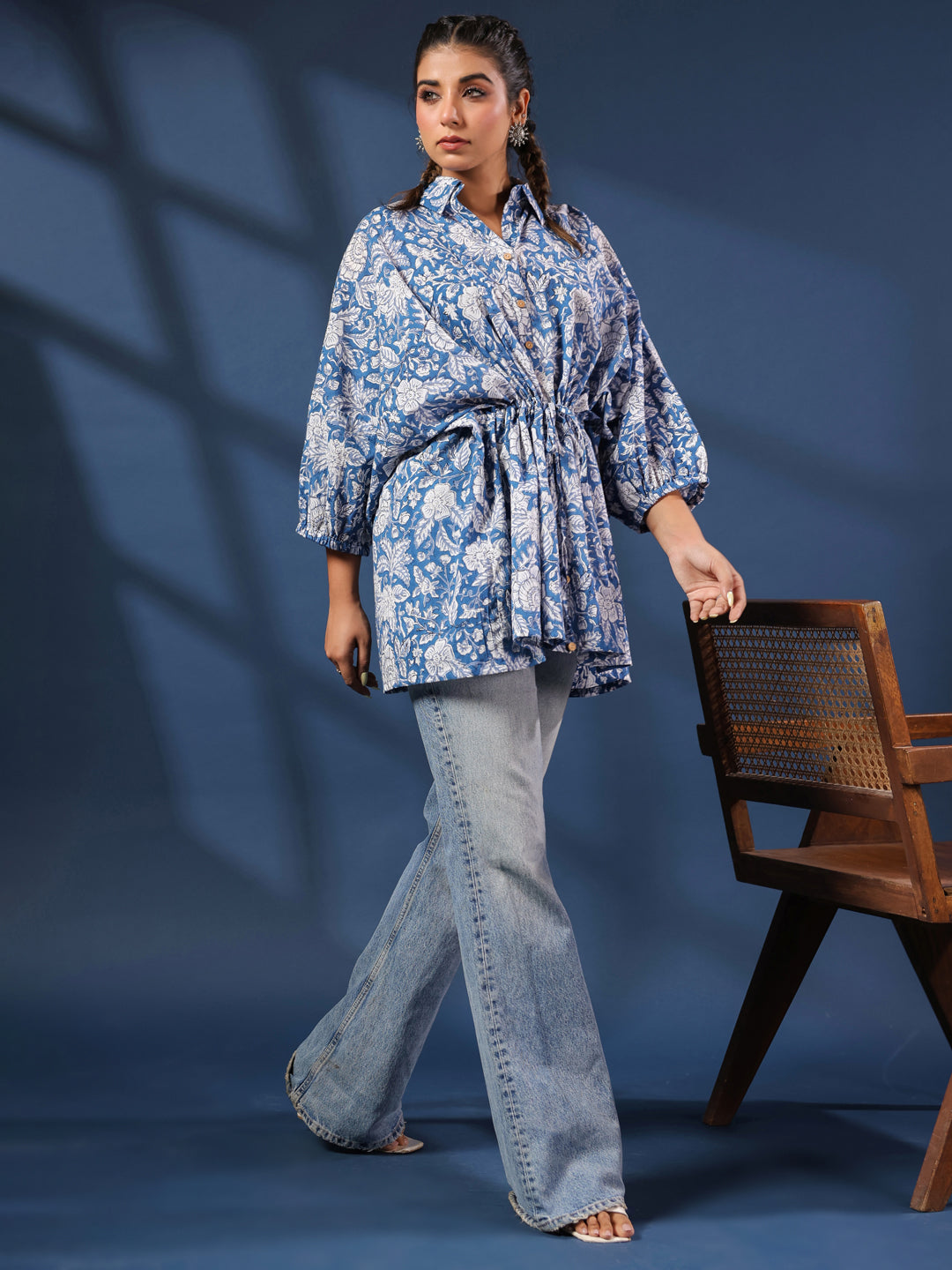 Blue Floral Handblock Printed Shirt Style Kaftan Top