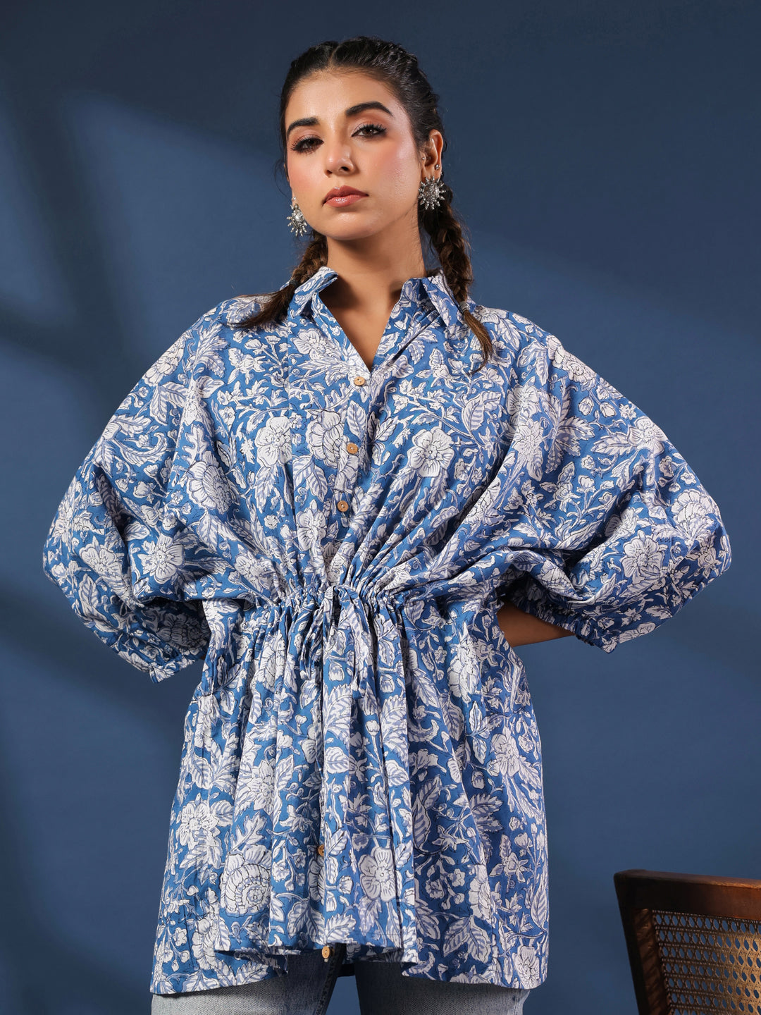 Blue Floral Handblock Printed Shirt Style Kaftan Top