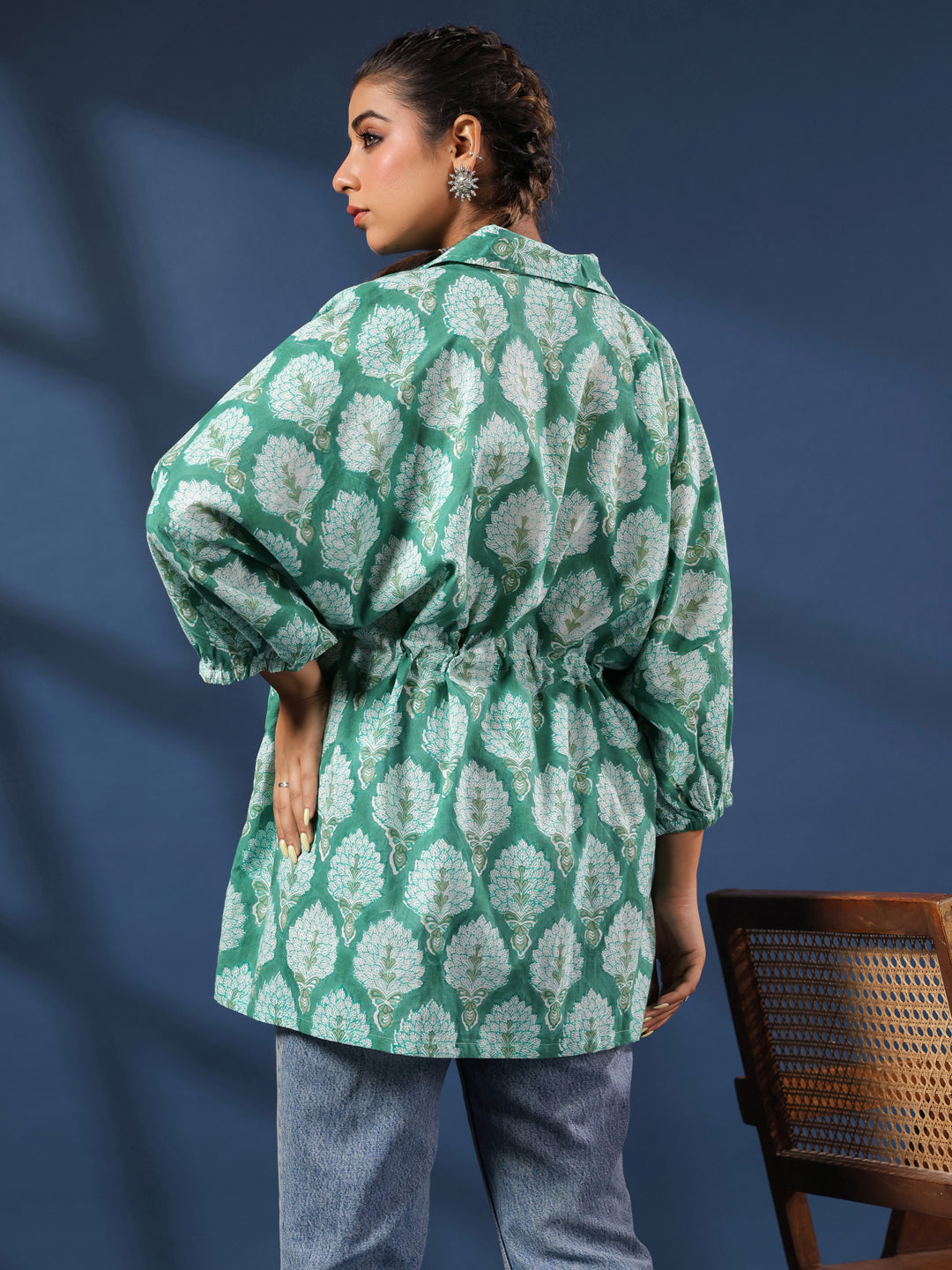 Green Handblock Printed Shirt Style Kaftan Top