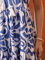 Sleeveless Blue & White Printed  Cotton Dress