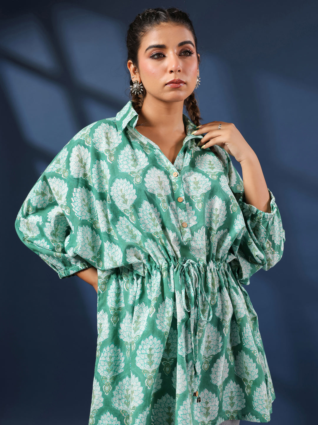 Green Handblock Printed Shirt Style Kaftan Top