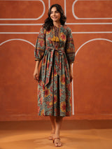 Vintage Floral Tie-Waist Cotton Dress