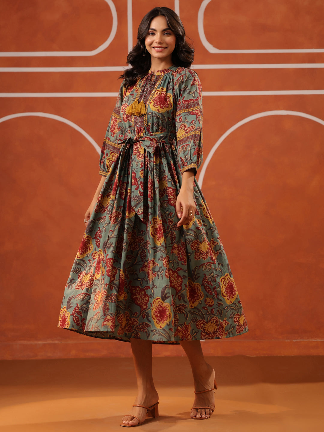 Vintage Floral Tie-Waist Cotton Dress