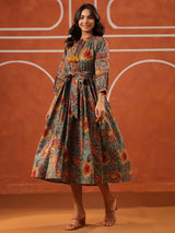 Vintage Floral Tie-Waist Cotton Dress