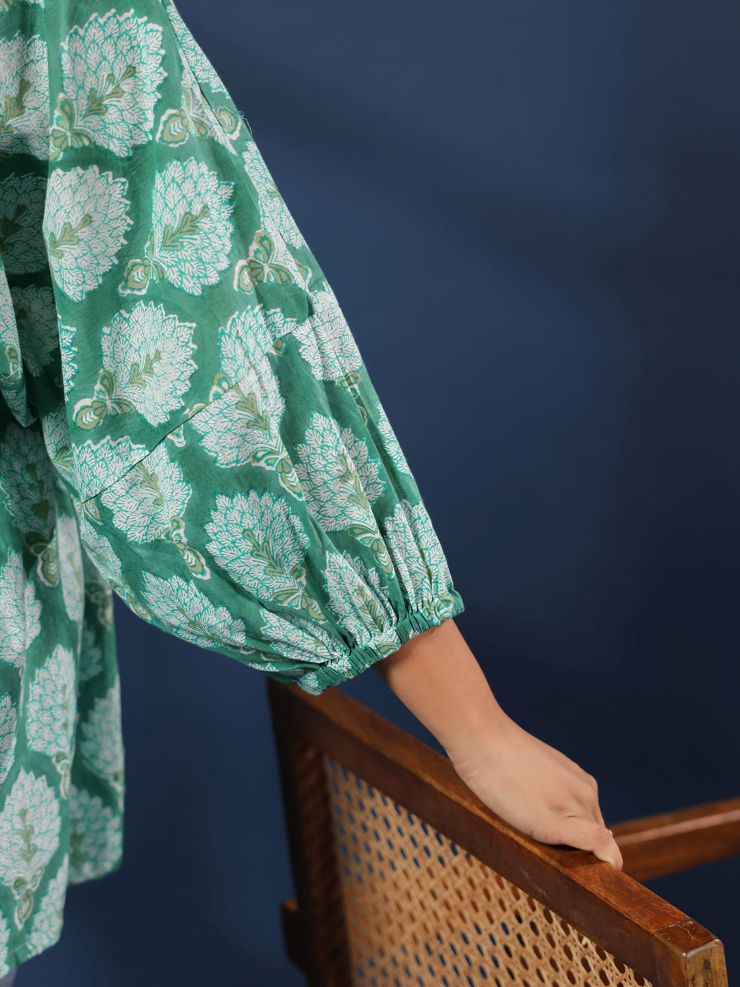 Green Handblock Printed Shirt Style Kaftan Top