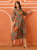 Vintage Floral Tie-Waist Cotton Dress
